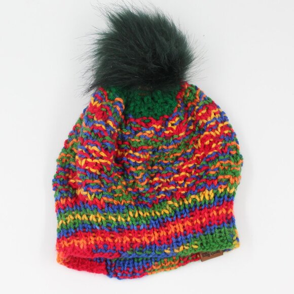 Handmade Hand Knit Multicolour Double Moss Stitch Knit Beanie with Green Pom Pom - Picture 2 of 4
